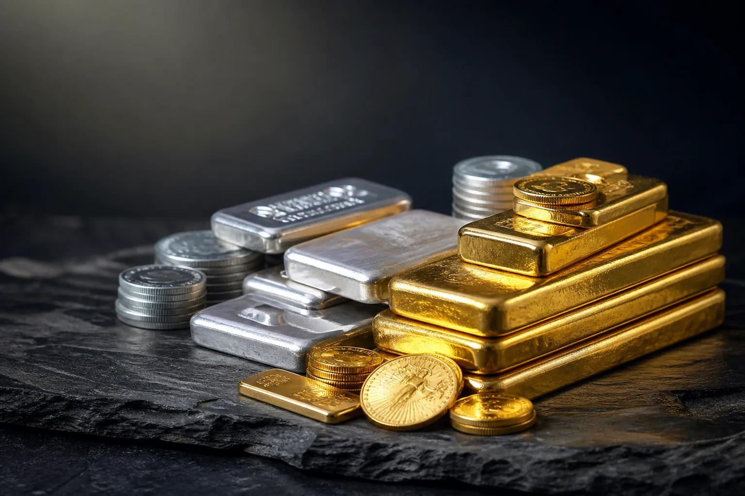 Gold and silver bullion arranged for Legacy Bullion Market