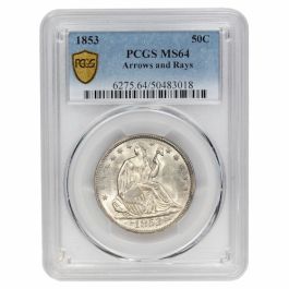 1853 US Silver Seated Arrows and Rays Half Dollar PCGS MS-64