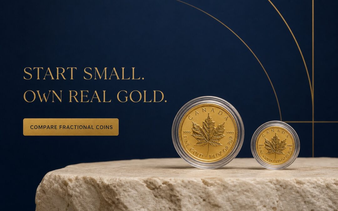 Quarter-ounce and tenth-ounce Canadian Gold Maple Leaf coins shown side by side