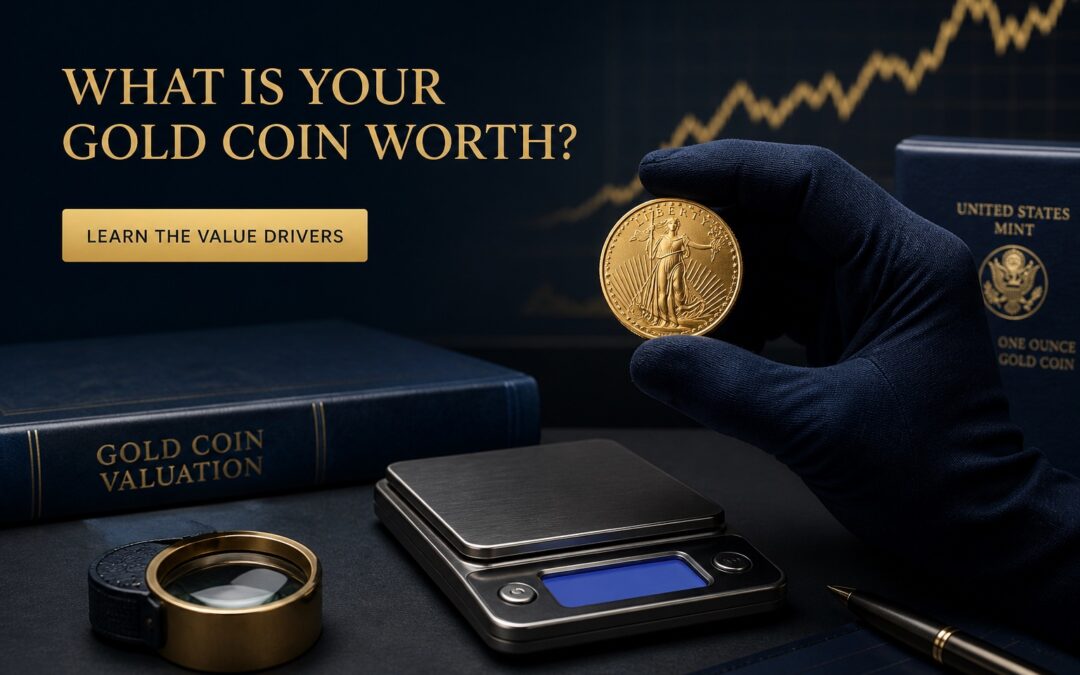 Gold coin being examined with a loupe and scale for a valuation guide