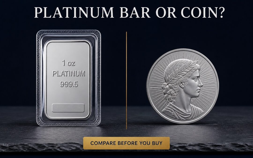 One-ounce platinum bar and platinum coin comparison on a navy background