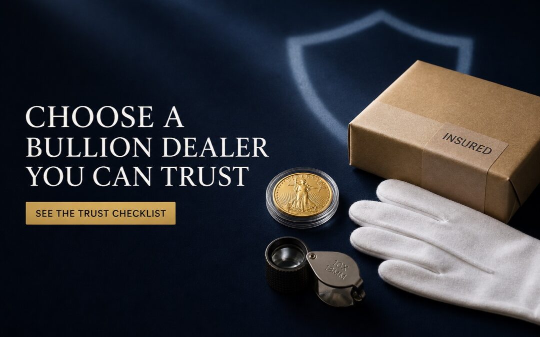 Insured bullion parcel, gold coin and inspection loupe representing a trusted dealer checklist